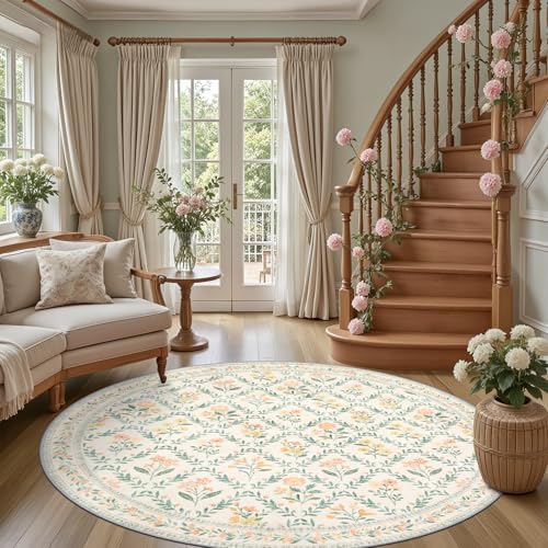 PLHXFR Round Area Rug Living Room: 6 ft Floral Washable Carpet Beige Multi - Image 2