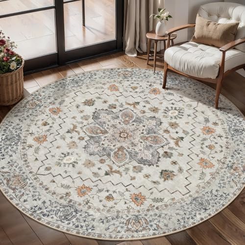 Tangsoo Washable Round Area Rugs 5ft, Vintage Non Slip Circle Rug Low Pile - Image 2