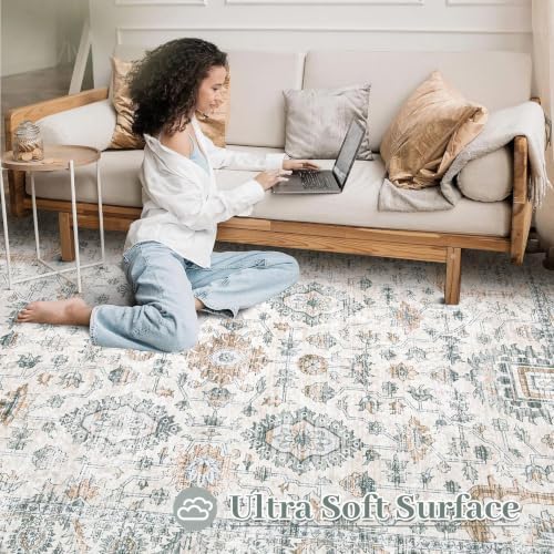 XLUEZ Area Rug 8x10 Living Room Rug, Machine Washable Vintage Distressed Boho Area Rug Non-Slip Soft Low Pile Large Indoor Rugs for Bedroom Kitchen Dining Room Office(Brown Green,8'x10') - Image 4