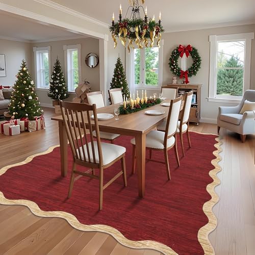 GarveeHome Washable Christmas Rug 9x12 Area Rug for Bedroom Farmhouse Scalloped Living Room Rug Non Slip Large Area Rug Low Pile Throw Rugs Stain Resistant Carpet for Dining Room, Red 9 ft x12 ft - Image 2