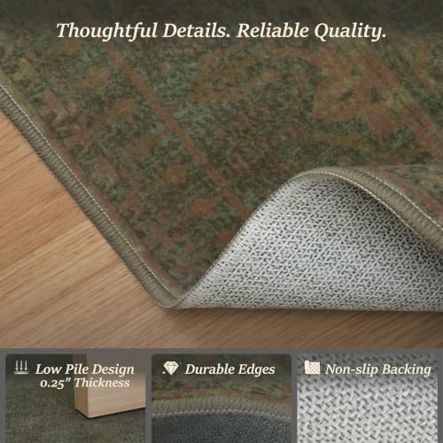 Olive Green Vintage Washable 8x10 Area Rug for Living Room, Non-Slip Distressed Rug for Bedroom & Dining Room, Low Pile Stain Resistant Floor Carpet, Modern Farmhouse Décor - Image 6