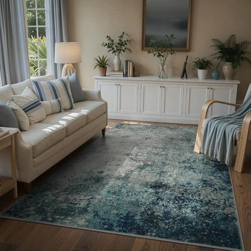 Lahome Modern Abstract Area Rug 5x7 Rugs for Living Room, Washable Accent Bedroom Rug Low Pile Non-Slip, Indoor Floor Contemporary Carpet for Kitchen Bathroom Laundry,Blue/Grey by Lahome