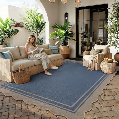 5x7 Scalloped Rug Easy Jute Washable Outdoor Patio Rug for Living Room Indoor Outdoor Blue Geometric Neutral Carpet for Backyard Patio Dining Room - Image 3