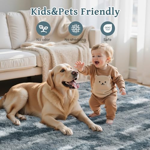 Area Rugs for Living Room 6x9 Feet, Soft Fluffy Shagg Plush Bedroom Rug Non-Slip,Large Carpet for Nursery Kids Dorm Home Decor Grey and Blue - Image 5