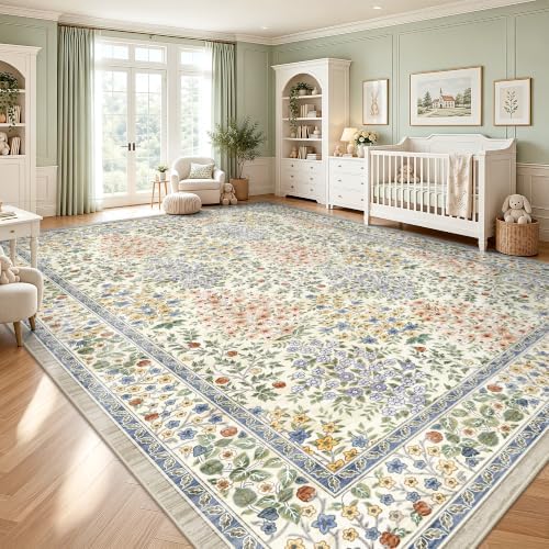 10x14 Large Area Rugs, Machine Washable Low Pile Floral Rugs for Living Room, Bedroom, Boho Style with Non-Slip Backing Nursery Rug(Beige Floral) - Image 5