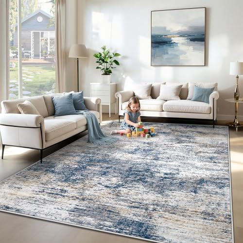 XLUEZ 6x9 Area Rugs for Living Room, Washable Modern Abstract Large Area Rug Neutral Soft Non Slip Kids Rug Stain Resistant Indoor Carpet for Bedroom Nursery Dining Room Playroom(BlueWhite, 6'x9') by XLUEZ