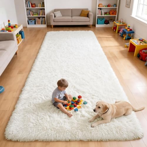 OLANLY 4x7 Area Rugs for Living Room Bedroom, Machine Washable Soft Fluffy Shaggy Bedside Rug, Indoor Floor Carpet for Kids Girls and Boys, Dorms, Nursery Rooms, Home Decor Aesthetic, Ivory by OLANLY