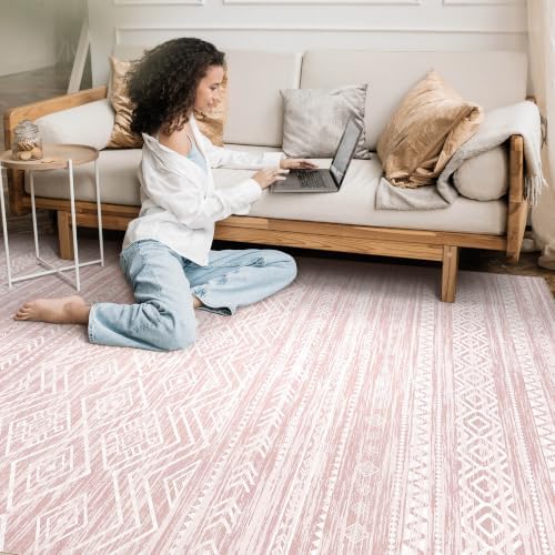 Tortania Area Rug Living Room Rugs- 12x18 Washable Large Soft Neutral Boho Moroccan Bohemian Farmhouse Rug Indoor Floor Carpet for Bedroom Under Dining Table Home Office Decor - Pink - Image 7