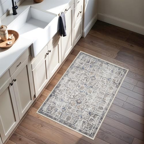 RUUGME Washable Area Rug 2x3 - Vintage Kitchen Rugs Stain Resistant Rugs for Living Room Bedroom Laundry Room Mat Distressed Rug Hallway Floor Carpet Runner for Bathroom 2'x3' Grey/Brown/Blue by RUUGME