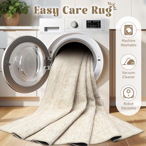 Living Room Rugs 10x14: Washable Moroccan Geometric Boho Rug Farmhouse Non Slip Stain Resistant Large Rug Low Pile Soft Carpet for Bedroom Dining Room Kids Room (Beige,10x14) - Image 4