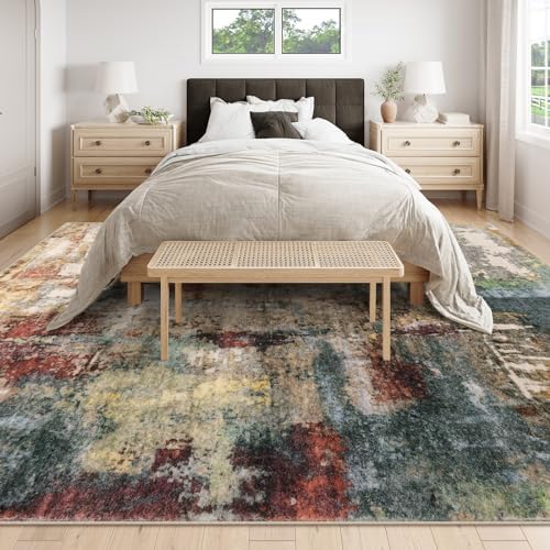 Lahome Modern Abstract 10x14 Area Rugs for Living Room, Large Washable Living Room Rug Low Pile Non Slip, Soft Accent Carpet for Bedroom Dining Room Table Home Decor Use, Red/Multi - Image 3