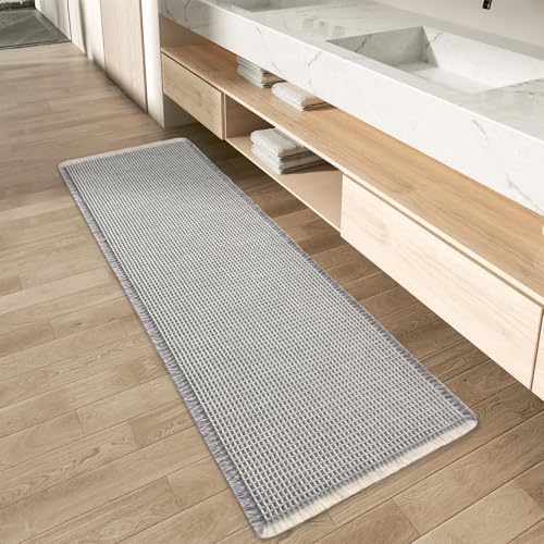 AMOAMI Upgraded Waffle Runner Rug Super Absorbent Non Slip Bath Mats for Bathroom Machine Washable Bathroom Runner Rug with Tassels, Ideal for Hallway Bedroom Laundry Room, 2' x 6', LightGrey & Cream by AMOAMI