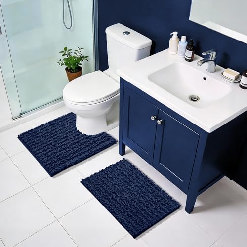 Yimobra Bathroom Rugs Non Slip Washable - Ultra Soft Absorbent Chenille Bath Mat, Quick Dry Shaggy Floor Carpet for Tub Shower, Navy Blue Home Decor Accessories, 24x17 Inch - Image 2