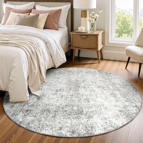 RELEANY Washable Round 4ft Area Rug for Living Room Gray White - Image 2
