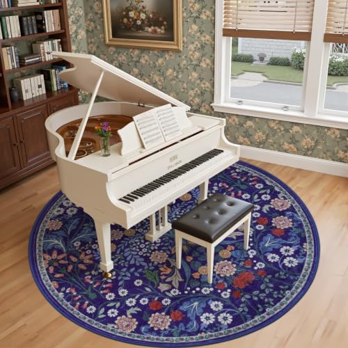 PLHXFR Round Area Rug Living Room: 8 ft Floral Washable Soft Carpet Blue - Image 4