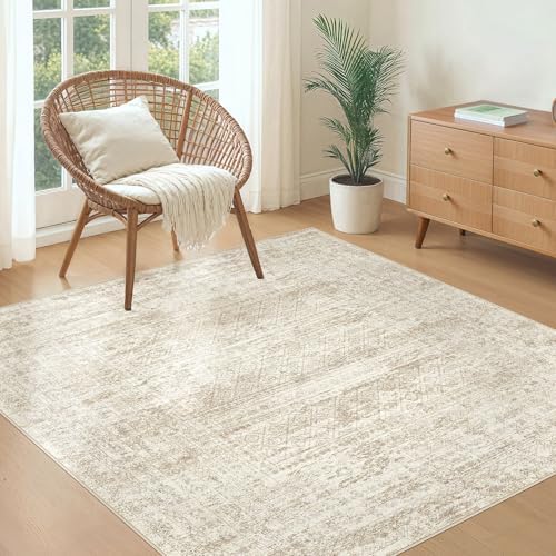 UERMEI Square Area Rugs : Washable 5x5 Neutral Modern Abstract Carpet for Living Room Bedroom - Soft Floor Mat with Non Slip Backing for Kitchen Nursery Dorms Farmhouse Home Decor - Beige/Brown - Image 5