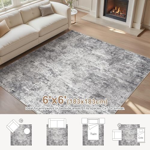 UERMEI Square Area Rugs : Washable 6x6 Neutral Modern Abstract Carpet for Living Room Bedroom - Soft Floor Mat with Non Slip Backing for Kitchen Nursery Dorms Farmhouse Home Decor - Grey - Image 3
