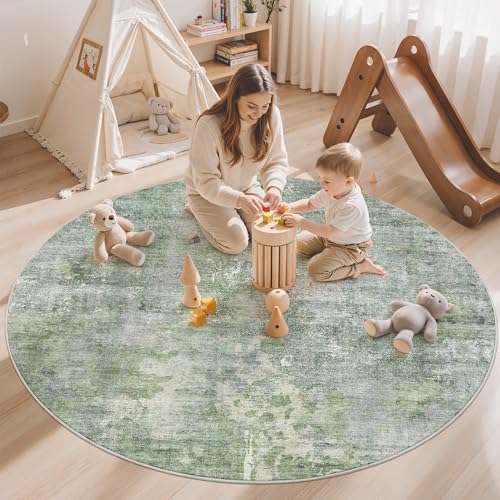 Soalmost Abstract 6x6 Round Rug 6ft Circle Living Room Rugs, Green/Ivory - Image 2