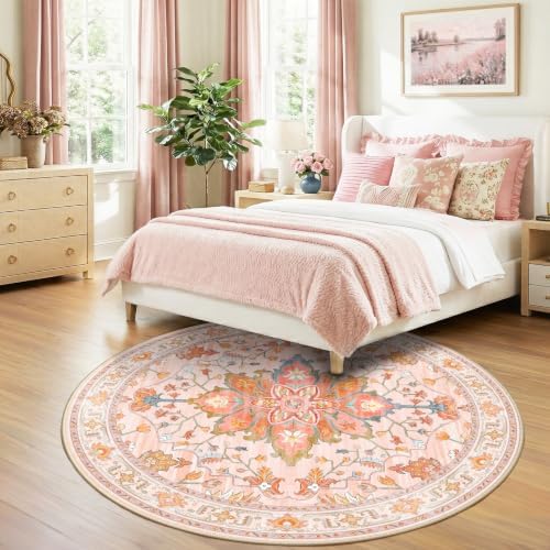 RELEANY Washable Area Rug, Round 7ft, Pink/Light Pink/Colorful - Image 2
