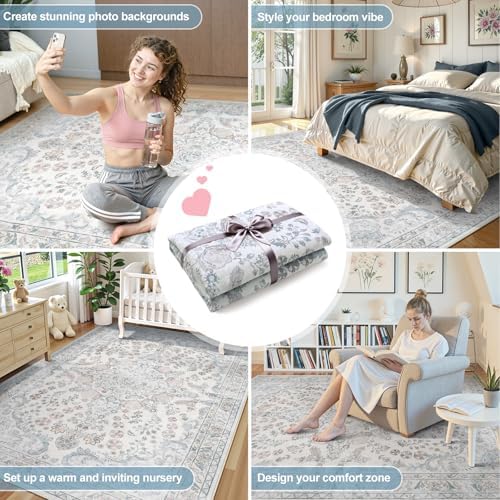 Wonnitar 5x7 Washable Area Rugs, Blue Vintage Floral Rug for Bedroom Decor, Soft Cozy Low Pile Non-Slip Boho Floor Carpet for Living Room Kids Room Office Indoor Décor - Image 6