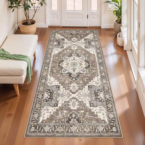 Kitchen Runner Rug 3x6 Non-Slip - Washable Vintage Rugs with Rubber Backing for Living Room Hallway Low Pile Easy Clean Carpet Soft Thin Lightweight Floor Mat for Bedroom Laundry Room(Beige,3x6) by RUUGME