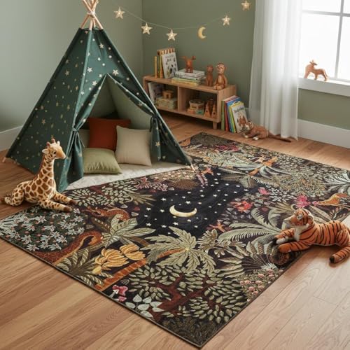 GarveeHome 4x6 Washable Area Rug for Kids Room, Jungle Animal Soft Bedroom Rug Non Slip Low Pile Brown Carpet Stain Resistant Throw Rug for Bedside Playroom Office Dining Room by GarveeHome