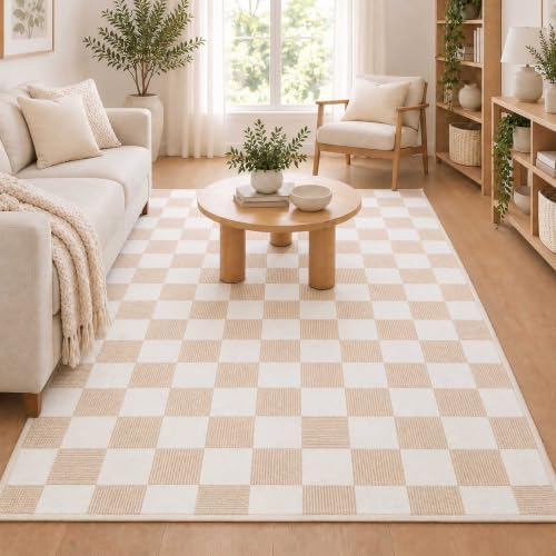 4x6 Checkered Area Rug for Living Room, Soft Low Pile Warm Taupe rugs by Unknown