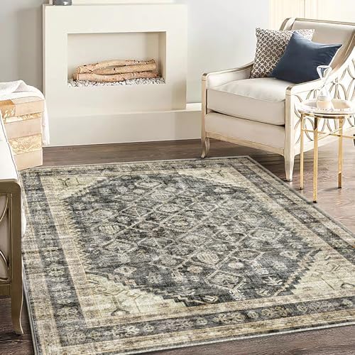 CHAMPLANT Washable Area Rug 4'x6' Vintage Traditional Floor Cover Foldable Thin Rugs Retro Kitchen Indoor Distressed Non Slip Carpet Floral Print Mat Bedroom Living Room by CHAMPLANT