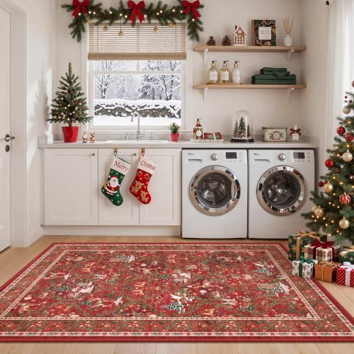 Christmas Area Rug 3x5, Washable Rugs for Living Room (3'x5', Red) - Image 3