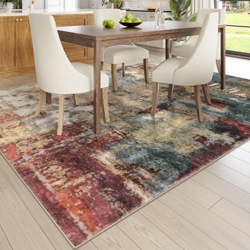 Lahome Modern Abstract 10x14 Area Rugs for Living Room, Large Washable Living Room Rug Low Pile Non Slip, Soft Accent Carpet for Bedroom Dining Room Table Home Decor Use, Red/Multi - Image 2