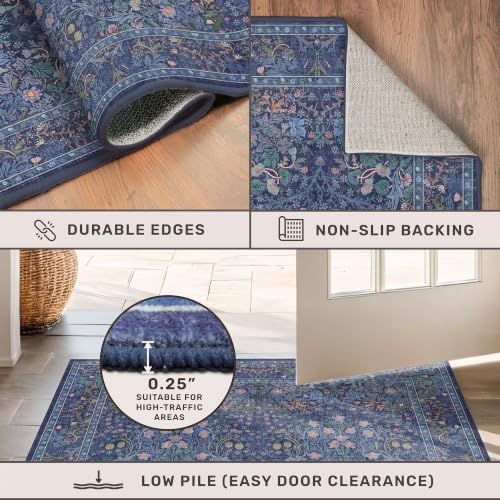 Vintage Dark Blue 3x6 Runner Rugs for Large Entryway, Bedroom Beside Rug, Kitchen, Laundry Room, Non-Slip Low Pile Ultra Soft Stain Resistant Small Floral Carpet - Image 5