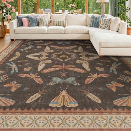 Brown 9x12 Living Room Area Rug, Washable Whimsical Insect Carpet for Bedroom & Dining Room, Farmhouse Low Pile Stain Resistant Rug - Image 6