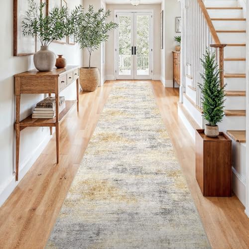 3x15 Runner Rug Washable Abstract: Non Slip Hallway Floor Mat Grey/Yellow by Ksrau