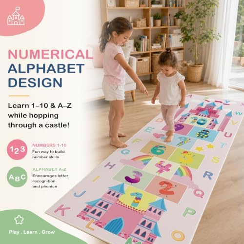 Hopscotch Kids Rug for Playroom, Colorful Educational Classroom Rugs with ABC Number, Non Slip Kids Play Mat Rug Game Carpet for Bedroom Boy Girl - Pink, 24''x72'' - Image 6