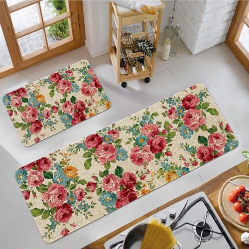 Red Pink Floral Kitchen Mats for Floor 2 Piece Home Decor, Country Spring Flower Kitchen Rugs Sets of 2 Non Slip Washable - Image 6