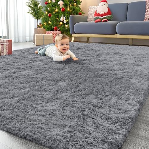 OLANLY 6x9 Machine Washable Large Area Rugs for Living Room, Bedroom, Soft Fluffy Shaggy Bedside Rug, Indoor Floor Carpet for Kids Girls and Boys, Dorms, Nursery, Home Decor Aesthetic, Light Grey by OLANLY