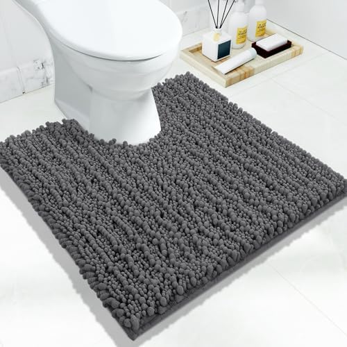 Yimobra Toilet Rug U Shaped Washable 24x24 Inch - Ultra Soft Absorbent Chenille Bath Rugs for Toilet, Quick Dry & Machine Washable, Non Slip Contour Bathroom Mat, Dark Gray by Yimobra