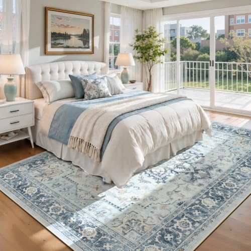 5x7 Light Blue Area Rugs for Living Room, Vintage Washable Rug - Image 4