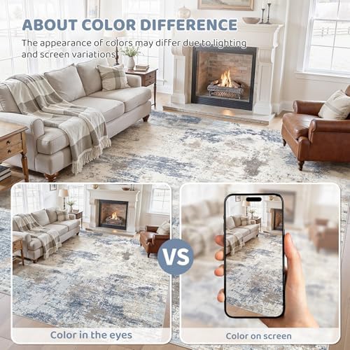 UERMEI 9x12 Area Rug Living Room Rugs - Washable Neutral Modern Abstract Soft Thin Large Rug Indoor Floor No Slip Rug Carpet for Bedroom Under Dining Table Home Office Decor- Denim Blue - Image 5