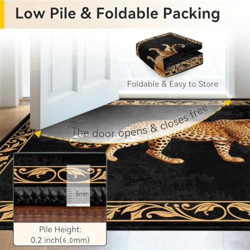 Black Leopard Area Rug 5x7 Luxury Vintage Washable Floor Mat - Image 5