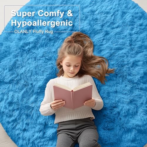 OLANLY Bright Blue Round Rugs for Bedroom - Machine Washable, 5 ft Circle Area Rugs for Living Room, Soft and Fluffy Shaggy Carpet for Teen Girl and Boys, Nursery Rooms, Dorms, Home Decor Aesthetic - Image 6