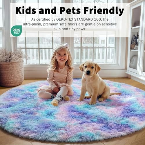 ONASAR Rainbow Round Area Rugs 5ft, Soft Bedroom Circle Rug Mats for Kids Girls Teen Room, Mermaid Fluffy Plush Shaggy Carpet for Baby Nursery Living Room Playroom Home Decor Princess Castle - Image 4