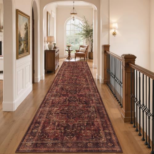 Washable Hallway Runner Rug 3'x10', Vintage Medallion, Dark Red - Image 3