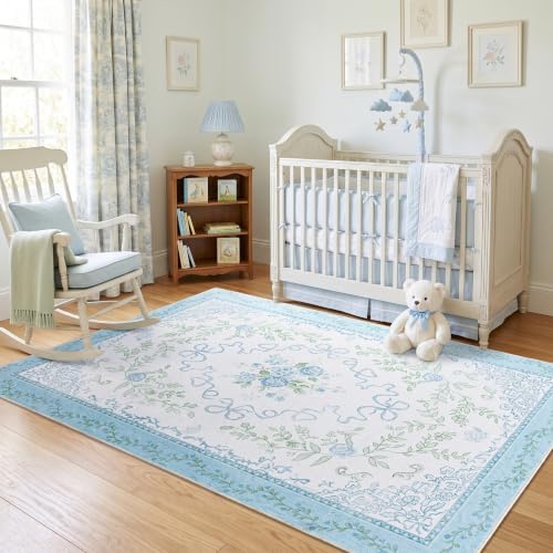 Blue and Green Floral Rug, Light Blue Preppy Rug for Nursery Girls Room Dorm, Washable French Country Cottage Core Shabby Chic Bow Grand Millenial Scalloped Area Rug, 5x7, Baby Blue and White - Image 2