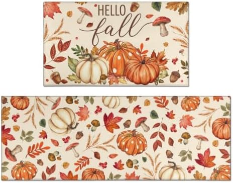 Fall Kitchen Rugs Set of 2,Fall Entrance Door Mats Pumpkin Mushroom Non Slip Kitchen Rug,Washable Anti Fatigue Mat,Kitchen Floor Washable Runner Rug, Autumn Thanksgiving Kitchen Laundry 17x30+17x47In by Twyt+decor