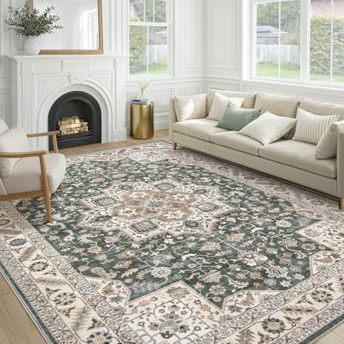 cotiled 10x12 Area Rug for Living Room, Washable, Traditional, Vintage Green by COTILED