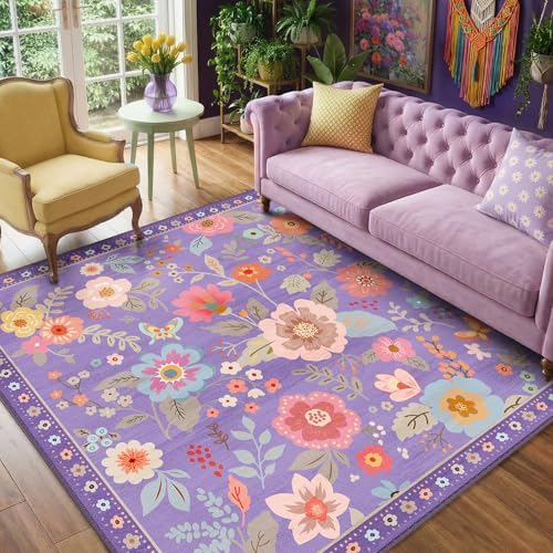 RELEANY Floral Washable Square 6ft Area Rug Purple/Pink by RELEANY