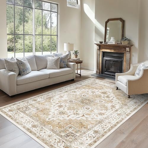 Amada 6x9 Washable Area Rug for Dining Room, Beige, Vintage Pattern by AMADAHOMEFURNISHING