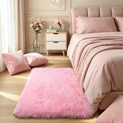 Pink Fluffy Shag Rug, 2'x3', Machine Washable Non Slip Kids Throw Carpet by KICHOWUA