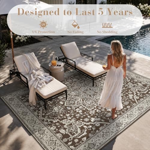 AMOAMI-Outdoor Rug-Patio Rug 5x8 ft Quick Dry Flatweave Textured Machine Washable Outdoor Carpet with Rubber Particles Backing Vintage Outdoor Area Rug for Patio Deck Front Porch Balcony Brown - Image 2